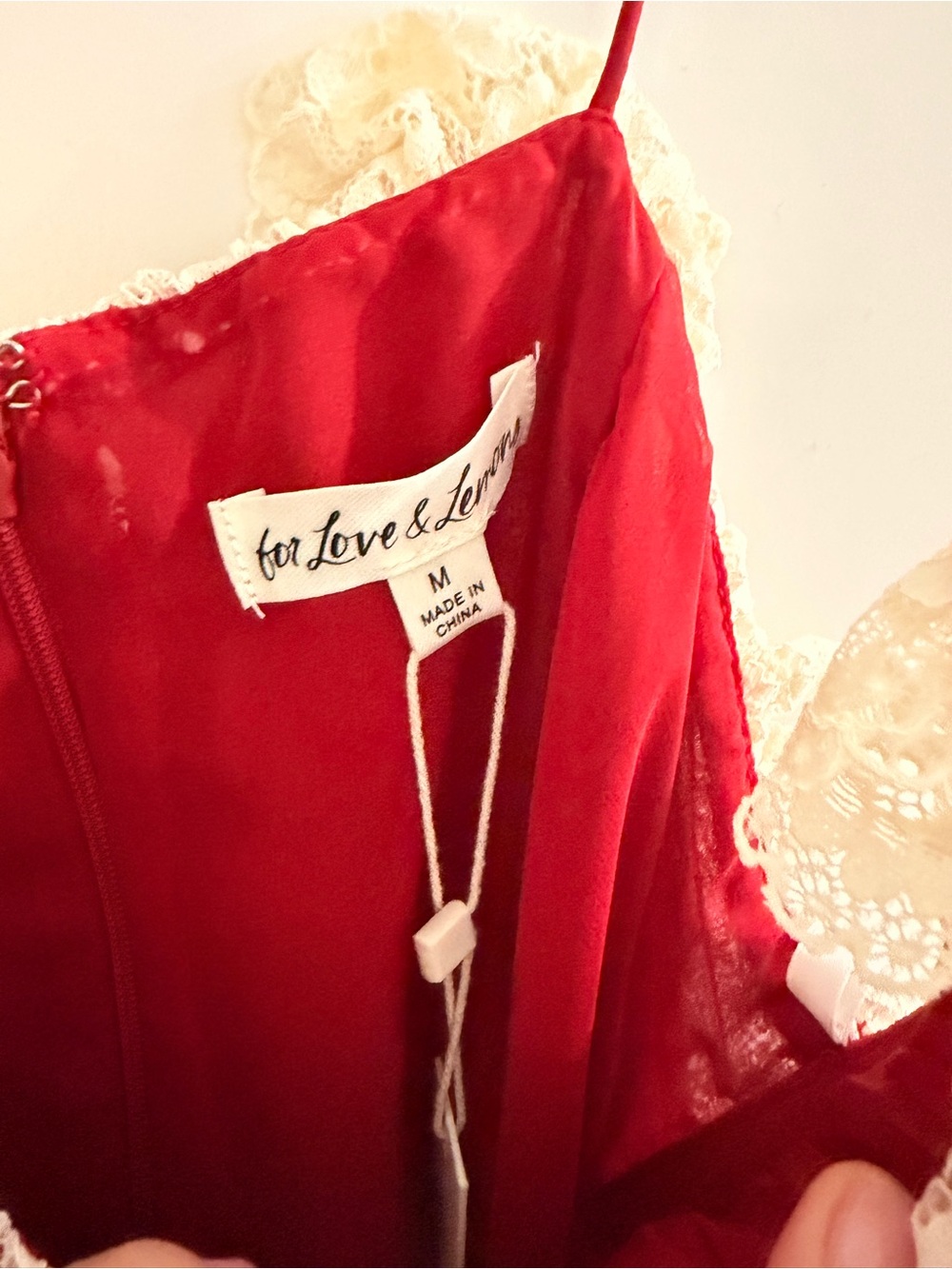 For Love And Lemons Charlotte Midi Red Dress with Cream Lace Trim - Picture 9 of 10